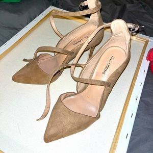 Tan soft pointy toe pumps with strap size 7.5